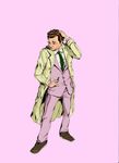  absurdres brown_eyes brown_hair cigar columbo columbo_(detective) curly_hair formal furrowed_eyebrows hand_on_head hand_on_hip highres male_focus necktie raincoat simple_background standing suit 