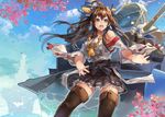  ahoge bare_shoulders blush boots brown_hair detached_sleeves double_bun hair_ornament hairband headgear himuro_(dobu_no_hotori) japanese_clothes kantai_collection kongou_(kantai_collection) long_hair nontraditional_miko open_mouth skirt smile solo thigh_boots thighhighs zettai_ryouiki 