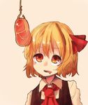  ascot blonde_hair blush bow drooling fishing_hook food hair_bow hair_ribbon meat red_eyes ribbon rumia short_hair solo touhou yunuki_uta 