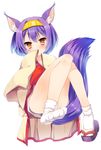  amamine animal_ear_fluff animal_ears bad_id bad_pixiv_id blush brown_eyes convenient_leg fox_ears fox_tail hairband hatsuse_izuna japanese_clothes no_game_no_life purple_hair shoes short_hair simple_background single_shoe sleeves_past_wrists socks solo tail white_background 