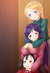  anger_vein ayase_eli black_hair blonde_hair blue_eyes blush breast_envy breast_rest breasts breasts_on_head casual green_eyes highres hug hug_from_behind large_breasts long_hair looking_at_viewer love_live! love_live!_school_idol_project multiple_girls ponytail purple_hair red_eyes satou_kuuki short_hair smile toujou_nozomi turtleneck twintails yazawa_nico 