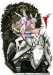  animal_ears ass bare_shoulders binoculars blonde_hair bow bunny_ears bunny_girl chain copyright_name enchi flag from_behind hair_bow multiple_girls original princess_royale purple_hair red_eyes robot scar silver_hair the_tortoise_and_the_hare thighhighs twintails 