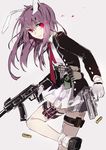  animal_ears assault_rifle bad_id bad_pixiv_id bunny_ears dual_wielding gun handgun highres holding long_hair looking_at_viewer necktie pink_eyes purple_hair red_(girllove) red_eyes red_neckwear reisen_udongein_inaba rifle shell_casing solo touhou weapon 