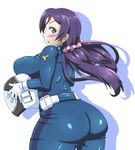  1girl ass blue_eyes blush breasts crab_club curvy female gloves hair_ornament huge_breasts kani_club long_hair long_twintails looking_back love_live!_school_idol_project profile puffy_nipples purple_hair simple_background solo standing toujou_nozomi twintails white_background white_gloves 