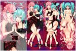  aqua_hair ass barefoot blue_eyes blush bra breasts dress garter hatsune_miku headphones long_hair magnet_(vocaloid) megurine_luka noodle-y nude pink_hair pussy_juice ribbons twintails underwear vocaloid yuri 