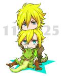  bad_id bad_pixiv_id blonde_hair blue_eyes chibi diego_brando dinosaur dio_brando green_shirt jojo_no_kimyou_na_bouken multiple_boys shirt sokka_(kbs) steel_ball_run 