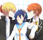  2boys =_= blonde_hair blue_eyes blue_hair food fruit gakuran genderswap genderswap_(ftm) genderswap_(mtf) hair_ornament hairclip highres ichijou_raku kirisaki_chitoge multiple_boys necktie nisekoi orange_hair ribbon school_uniform sweatdrop tachibana_marika yukichi_(eikichi) 