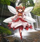  arm_ribbon ascot blonde_hair blue_eyes clear_echoes dress fairy_wings fang forest juliet_sleeves layered_dress long_sleeves looking_at_viewer maid_headdress mary_janes nature open_mouth puffy_sleeves red_dress ribbon shoes smile solo sunny_milk touhou two_side_up water waterfall white_dress wings 