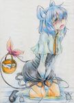  basket blue_eyes blue_hair blush clothing female hair human jewelry kneeling mammal mouse necklace omorashi open_mouth peeing rodent skirt tears urine watersports 