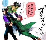  bad_id bad_pixiv_id black_hair gakuran hat honenashi_chicken hug hug_from_behind jojo_no_kimyou_na_bouken kakyouin_noriaki kuujou_joutarou long_coat male_focus multiple_boys red_hair school_uniform star_platinum translated 