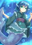 blue_hair bubble fish green_eyes head_fins japanese_clothes kimono looking_at_viewer mermaid monster_girl niiya pout short_hair solo touhou underwater wakasagihime wide_sleeves 