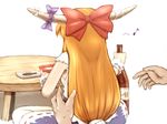  armpits blonde_hair bottle bow bowl commentary_request eighth_note food hair_bow horn_ribbon horns ibuki_suika indian_style long_hair low-tied_long_hair musical_note out_of_frame plate pov pov_hands ribbon sake_bottle shirosato shirt sitting skirt sleeveless sleeveless_shirt solo_focus sweat table touhou very_long_hair 