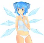  1girl 460497467 blue_eyes blue_hair breasts casual cirno fairy fairy_wings female food hair_ornament licking navel off_shoulder panties popsicle ribbon short_hair simple_background small_breasts solo standing touhou underwear white_background white_panties wings 