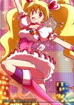  :d blonde_hair boots choker corset cure_peach fresh_precure! frills hair_ornament heart heart_hair_ornament knee_boots long_hair magical_girl momozono_love open_mouth pink_choker pink_eyes pink_footwear precure puffy_sleeves shirono smile solo standing standing_on_one_leg twintails wrist_cuffs 
