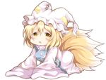 :&lt; all_fours blonde_hair chibi chikuwa_savi dress fox_tail hat long_sleeves looking_at_viewer multiple_tails oversized_clothes pillow_hat simple_background sleeves_past_wrists solo tabard tail touhou white_background white_dress wide_sleeves yakumo_ran yellow_eyes 