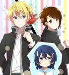  2boys belt blonde_hair blue_eyes blue_hair brown_eyes brown_hair gakuran genderswap genderswap_(ftm) genderswap_(mtf) highres ichijou_raku kirisaki_chitoge multiple_boys necktie nisekoi onodera_kosaki ribbon school_uniform sweatdrop yukichi_(eikichi) 