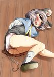  blush bound butt capelet clothing dress embarrassed female gray_dress grey_dress grey_hair hair hi_res human invalid_tag jewelry kehukoete loafers long_sleeves lying mammal mouse mouse_ears mouse_tail nazrin on_side open_mouth panties peeing peeing_self pendant red_eyes rodent shirt shoes short_hair socks solo tears touhou translucent underwear urine wetting 