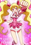  arm_up blonde_hair boots bow character_name choker clenched_hands corset cure_peach fresh_precure! hair_ornament heart heart_hair_ornament knee_boots long_hair magical_girl momozono_love pink_background pink_bow pink_choker pink_eyes pink_skirt precure shirono skirt smile solo sparkle twintails wrist_cuffs 