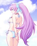  antenna_hair arms_behind_back ass bare_shoulders bikini blue_eyes breasts cloud day flat_ass jewelry large_breasts long_hair looking_back necklace ponytail purple_hair ryuugajou_nanana ryuugajou_nanana_no_maizoukin side-tie_bikini sky smile solo strap_gap swimsuit thigh_gap ueyama_michirou very_long_hair 