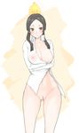  absurdres black_hair breast_slip breasts brown_eyes fire flame highres jacquiline_o_lantern_dupre large_breasts libre long_hair looking_at_viewer nipples one_breast_out open_clothes open_shirt pubic_hair pun see-through shirt solo soul_eater 