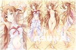  arms_up asuna_(sao) barefoot breasts brown_eyes brown_hair chain character_name dakimakura dress ear_covers long_hair long_legs looking_at_viewer lying medium_breasts multiple_views navel nipples noodle-y nude on_back on_stomach pointy_ears pussy sword_art_online titania_(sao) uncensored very_long_hair 
