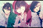  alternate_costume alternate_eye_color black_eyes black_hair blonde_hair commentary_request daze_(kagerou_project) green_eyes grin highres hood hoodie jacket kagerou_project kano_shuuya kinoto15 kisaragi_shintarou looking_at_viewer male_focus multiple_boys red_eyes seto_kousuke smile smirk track_jacket waving 