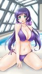  bikini blush breasts cleavage green_eyes highres indoors kneeling large_breasts long_hair love_live! love_live!_school_idol_project navel pool purple_bikini purple_hair rei_no_pool shiny shiny_skin side-tie_bikini sitting strap_gap string_bikini swimsuit toujou_nozomi twintails utomo wariza 