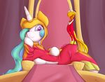  alasou costume crown duo equine female friendship_is_magic fur hair horn long_hair looking_at_viewer mammal multi-colored_hair my_little_pony philomena_(mlp) phoenix princess_celestia_(mlp) purple_eyes royalty smile thrown white_fur winged_unicorn wings 