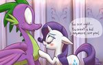  cutie_mark dialog dragon draneas duo english_text equine female flirting friendship_is_magic fur green_spines hair horn horse makeup male mammal my_little_pony open_mouth pony purple_hair rarity_(mlp) smile spike_(mlp) sweat text unicorn white_fur wings 