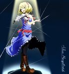  akeno_(akenosora) alice_margatroid blonde_hair blue_eyes boots bow capelet dress hairband highres pantyhose ribbon short_hair smile solo spotlight string touhou 