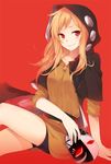  bike_shorts blonde_hair genderswap genderswap_(mtf) hood hoodie kagerou_project kano_shuuya long_hair mask ocha_(hutuumikan) red_background smile solo 