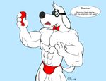  2014 abs anthro biceps big_muscles black_nose blue_background bow_tie bulge canine dialog dog drink english_text eyewear fur glasses green_eyes hair holding huskie_love male mammal mr._peabody mr._peabody_and_sherman muscles open_mouth pecs plain_background solo speedo standing swimsuit text tongue topless white_body white_fur white_hair 