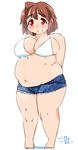  2014 ahoge arms_behind_back banned_artist big_belly bikini_top blush breasts brown_hair dated denim denim_shorts eno_konoe eyebrows fat frown large_breasts mikomu navel original red_eyes ripped_jeans shorts signature solo thick_eyebrows thick_thighs thighs weight_conscious wet white_background 