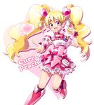  :d \m/ blonde_hair boots bow character_name choker corset cure_peach earrings fresh_precure! frills full_body hair_ornament heart heart_hair_ornament hitopm jewelry knee_boots long_hair magical_girl momozono_love open_mouth pink_bow pink_choker pink_eyes pink_footwear pink_skirt precure skirt smile solo twintails v wrist_cuffs 