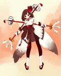  bow brown_hair gloves hair_bow japanese_clothes maco22 princess_royale red_eyes side_ponytail smile solo tsuru_no_ongaeshi weapon 