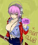  bad_id bad_pixiv_id between_breasts blood blood_on_face breasts cleavage crossover engrish fight_club guitar headphones instrument kusama_no_aniki large_breasts long_hair looking_at_viewer navel nitroplus open_clothes pink_hair ranguage red_eyes shirt smile soap solo super_sonico 