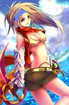  aoi_(kirabosi105) bikini blonde_hair blue_headband braid dagger final_fantasy final_fantasy_x final_fantasy_x-2 fingerless_gloves gloves green_eyes headband holding holding_dagger holding_weapon long_hair miniskirt rikku scarf skirt smile solo swimsuit water weapon yellow_bikini 