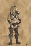  abs ace_stryker anthro armor beads biceps blonde_hair claws clothing dagger dreadlocks ear_piercing facial_hair fantasy feline fur green_eyes hair jewelry khajiit leather male mammal medieval muscles nipples pecs pendant piercing pose scar solo standing sword the_elder_scrolls toned video_games warrior weapon 