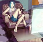  artist_name bad_id bad_pixiv_id barefoot blue_eyes breasts can coffee_table controller couch crossed_legs door eriance feet hologram multicolored_hair mushroom nail_polish original remote_control short_hair shorts sitting small_breasts solo streaked_hair toenail_polish topless towel towel_around_neck two-tone_hair 