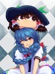  alternate_hairstyle blue_hair bow braid don9899 food fruit hair_bow hakurei_reimu hat hinanawi_tenshi long_hair red_eyes smile touhou yukkuri_shiteitte_ne 