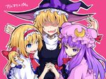  alice_margatroid blonde_hair blue_eyes blush doll hat ishimu kirisame_marisa long_hair multiple_girls patchouli_knowledge pout purple_eyes purple_hair short_hair smile touhou 