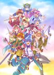  5girls :d alicia_(valkyrie_profile_2) axe bad_id bad_pixiv_id blue_eyes blue_hair boots brown_eyes brown_hair capell claude_kenni company_connection crossover dual_wielding end_of_eternity enix everyone fayt_leingod fingerless_gloves flipped_hair flute girl_(labyrinth_no_kanata) gloves grey_hair grin gun hairband headband helmet holding holding_axe infinite_undiscovery instrument jack_russell labyrinth_no_kanata lenneth_valkyrie long_hair millie_chliette multiple_boys multiple_crossover multiple_girls open_mouth pants pink_hair ponytail radiata_stories red_eyes saionji_reimi short_hair smile star_ocean star_ocean_first_departure star_ocean_the_last_hope star_ocean_the_second_story star_ocean_till_the_end_of_time sword valkyrie_profile valkyrie_profile_2 vashyron wand weapon yuiki_wakana 