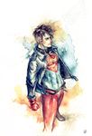  akimao belt belts black_hair blue_eyes bodysuit boots dc_comics gloves jacket leather leather_jacket male male_focus s_shield solo superboy superman_(series) 