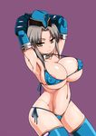  android areola_slip areolae arms_up bikini breasts brown_eyes bursting_breasts collar covered_nipples elbow_gloves gloves grey_hair hat huge_breasts kagaku_touki_silver_raina micro_bikini navel original side-tie_bikini solo strap_gap string_bikini swimsuit thighhighs tokihama_jirou 