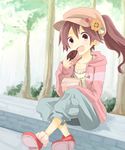  bad_id bad_pixiv_id brown_eyes brown_hair doughnut eating flower food hair_flower hair_ornament hat highres idolmaster idolmaster_cinderella_girls long_hair mugi_(banban53) open_mouth ponytail shiina_noriko solo 