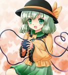  aqua_hair blouse blush gradient gradient_background green_eyes hat hat_ribbon heart heart_background heart_of_string komeiji_koishi long_sleeves looking_at_viewer ribbon short_hair sitting skirt solo third_eye touhou watariri_rafu 