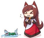  &gt;_&lt; animal animal_ear_fluff animal_ears animalization blush brown_hair closed_eyes commentary dress fish flailing imaizumi_kagerou long_hair tail touhou trembling wakasagihime wakasagihime_(fish) water wolf_ears wolf_tail wool_(miwol) 