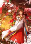  bare_shoulders bow brown_eyes cherry_blossoms detached_sleeves dress embellished_costume flower hair_bow hair_flower hair_ornament hair_ribbon hair_tubes hakurei_reimu highres layered_clothing layered_sleeves long_sleeves mimi_n oriental_umbrella red_dress ribbon smile solo touhou tree umbrella wide_sleeves 