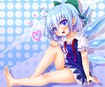  :d ahoge arm_support barefoot blue_dress blue_eyes blue_hair blush bow cirno collarbone collared_shirt dress fang feet flat_chest hair_bow halftone halftone_background hand_on_own_knee heart ice ice_wings large_bow legs looking_at_viewer namino. open_mouth puffy_short_sleeves puffy_sleeves ribbon shirt short_hair short_sleeves sitting smile solo thighs touhou untied wings 