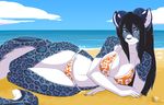  beach bikini blue_eyes blue_fur blue_sky breasts feline female fur horn leopard mammal nightargen sand sea seaside snow_leopard solo swimsuit water white_fur 